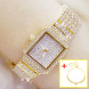 Full Diamond Quartz Women Luxury Crystal Square Watches (with a ins Bracelet as gift)