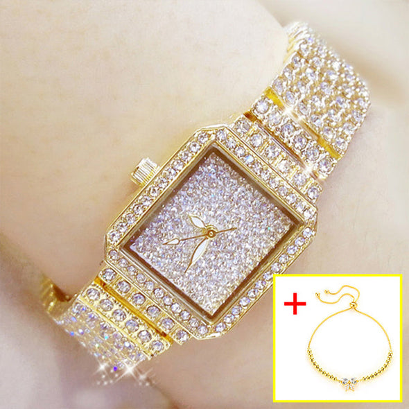 Full Diamond Quartz Women Luxury Crystal Square Watches (with a ins Bracelet as gift)