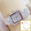 Full Diamond Quartz Women Luxury Crystal Square Watches (with a ins Bracelet as gift)