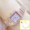 Full Diamond Quartz Women Luxury Crystal Square Watches (with a ins Bracelet as gift)