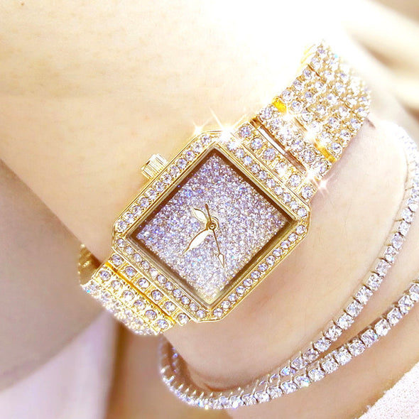 2022 Full Diamond Quartz Women Luxury Crystal Square Watches (with a ins Bracelet as gift)