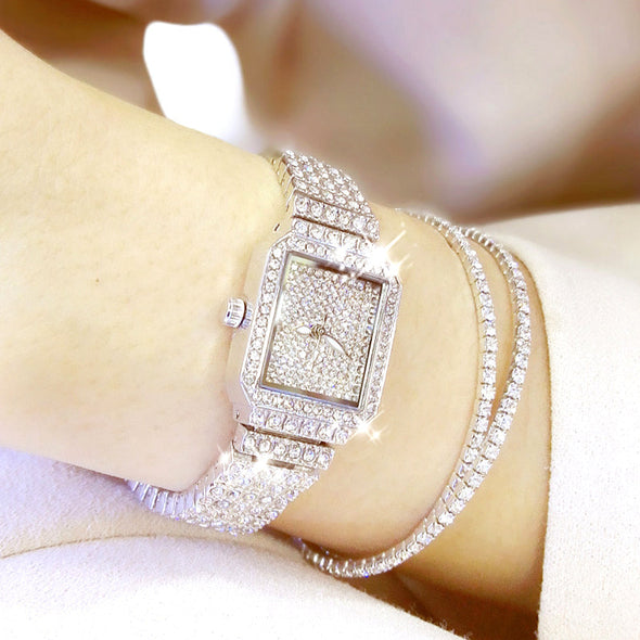 Full Diamond Quartz Women Luxury Crystal Square Watches (with a ins Bracelet as gift)