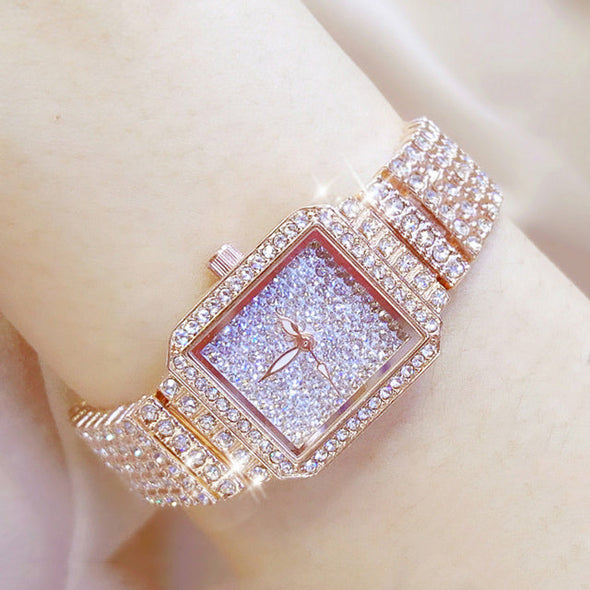 Full Diamond Quartz Women Luxury Crystal Square Watches (with a ins Bracelet as gift)