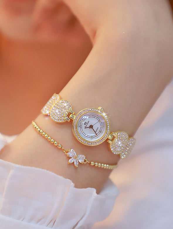 Quartz Gold Fashion Wrist Watches Diamond Stainless Steel Wtach (with a ins Bracelet as gift)