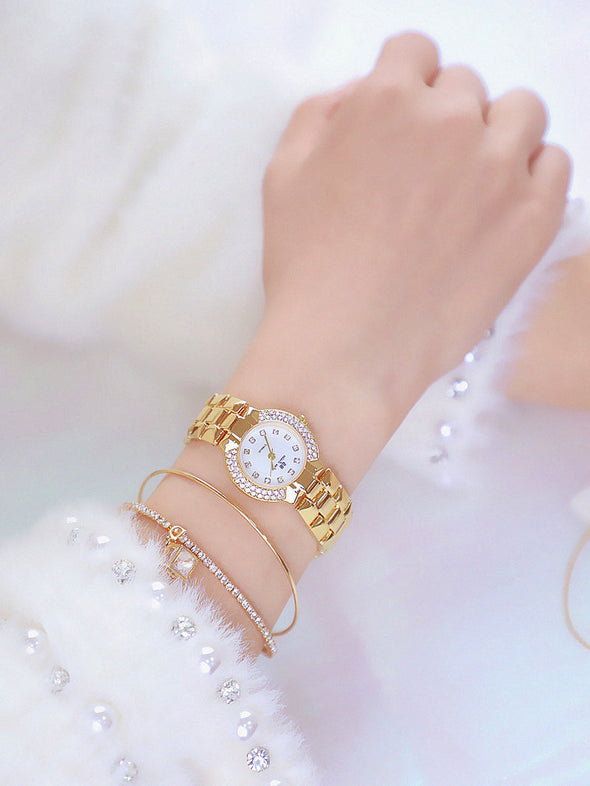 Women Luxury Brand Dress Silver Gold Quartz Watches (with a ins Bracelet as gift)