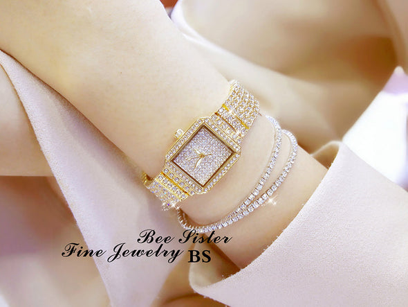 Full Diamond Quartz Women Luxury Crystal Square Watches (with a ins Bracelet as gift)