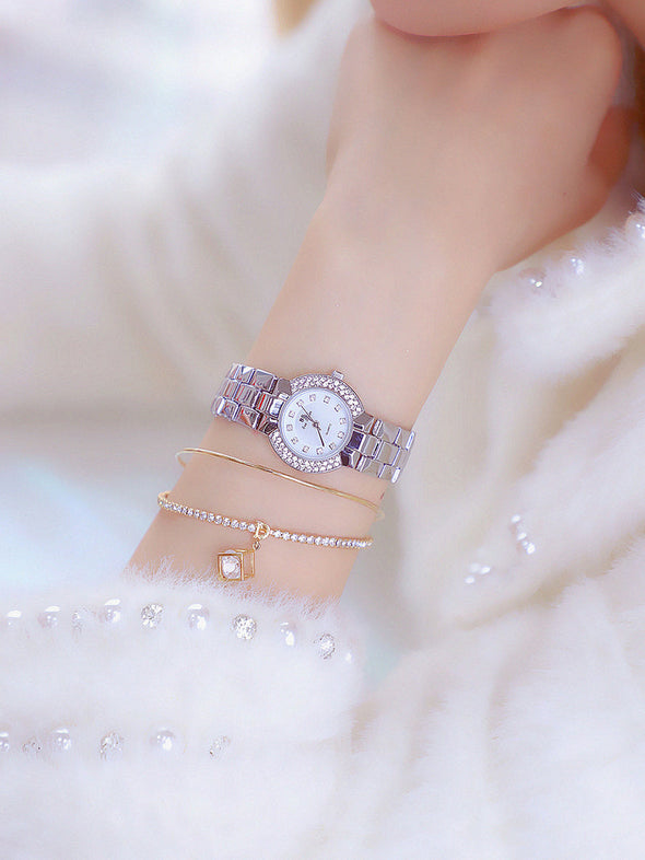 Women Luxury Brand Dress Silver Gold Quartz Watches (with a ins Bracelet as gift)