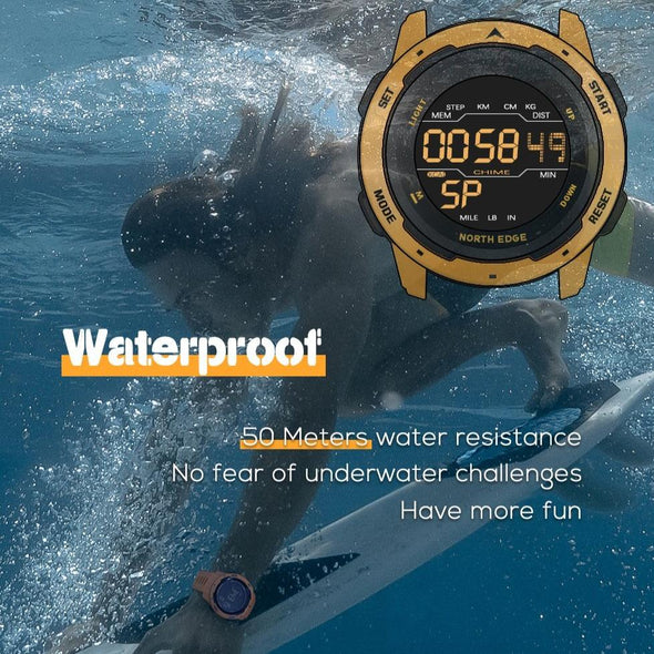 NORTH EDGE Mars Men Digital Watch Men's Military Sport Watches Waterproof 50M Pedometer Calories Stopwatch Hourly Alarm Clock