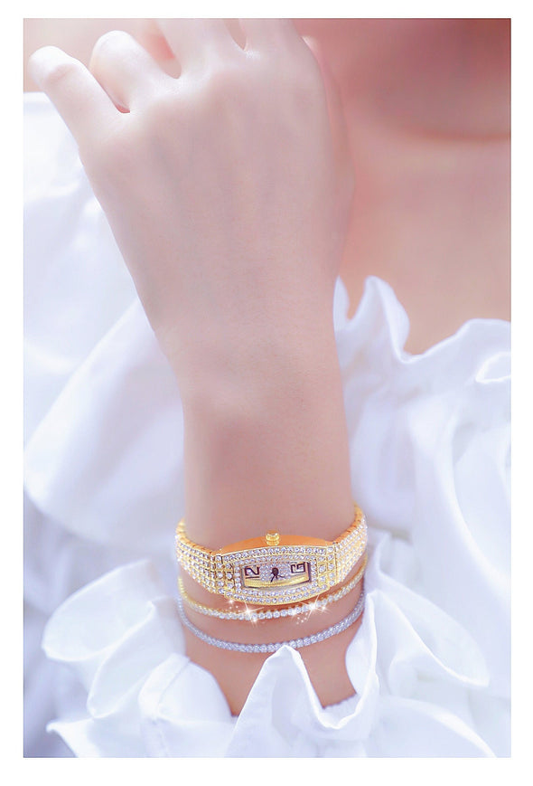 Women Luxury Square Diamond Crystal Rose Gold Wristwatches (with a ins Bracelet as gift)