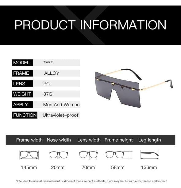 Oversized Square Flat Top Sunglasses Women Men Fashion Luxury Rimless Eyewear Large Brown Shades Oculos UV400