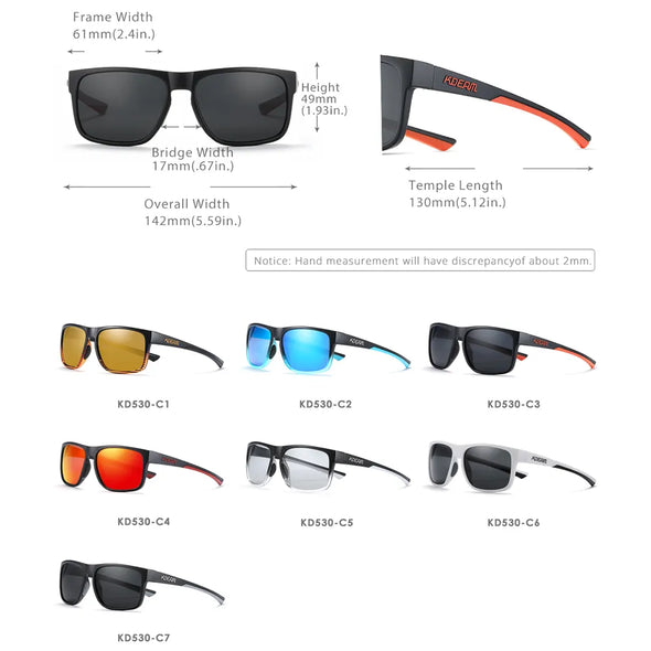 KDEAM New Polarized Men's Sunglasses Square Outdoor Photochromic Sun Glasses Women Non-Slip Nose Pad Full Accessories Included