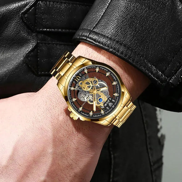 JOLLYNOVA New Men Watch Skeleton Quartz Wristwatch Gold Skeleton Retro Man Watch Top Brand Luxury Clock Mens Watches Reloj Hombre