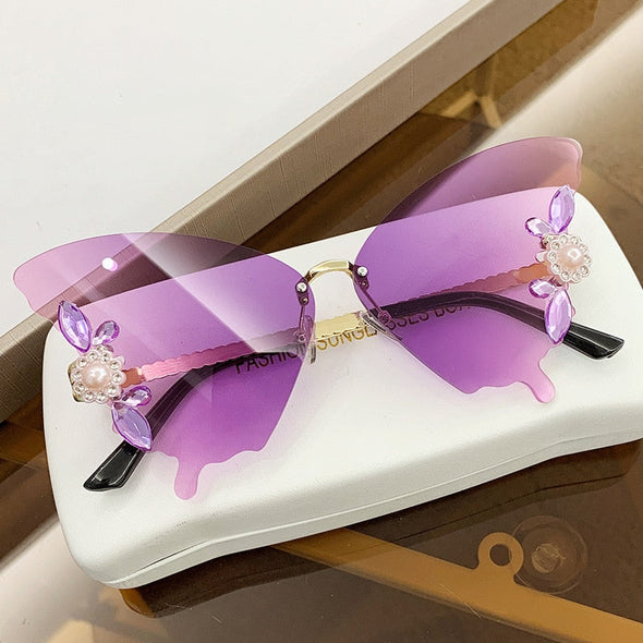Luxury Designer Butterfly Sunglasses Vintage Shades for Women Fashion Rimless Sun Glasses Bling Diamond Eyewear