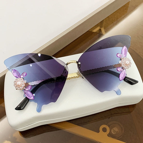 Luxury Designer Butterfly Sunglasses Vintage Shades for Women Fashion Rimless Sun Glasses Bling Diamond Eyewear