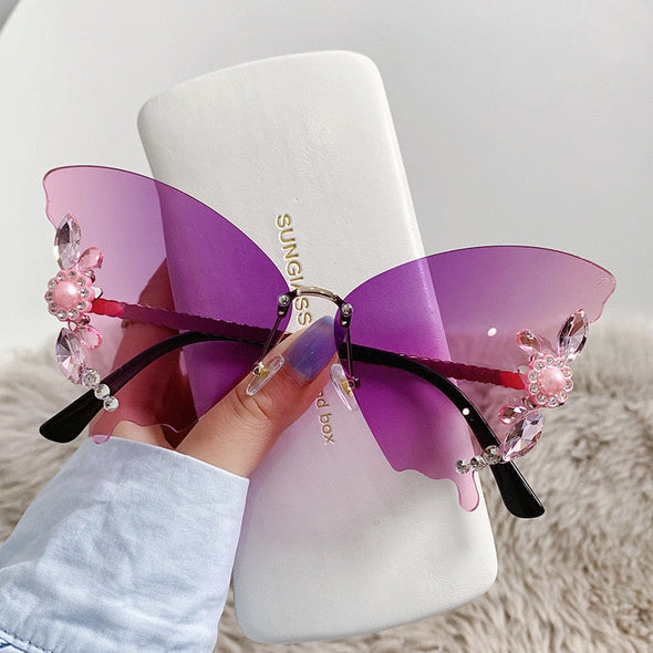 Luxury Designer Butterfly Sunglasses Vintage Shades for Women Fashion Rimless Sun Glasses Bling Diamond Eyewear