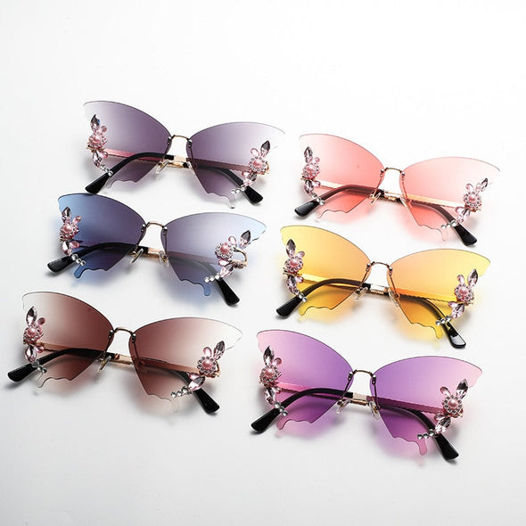 Luxury Designer Butterfly Sunglasses Vintage Shades for Women Fashion Rimless Sun Glasses Bling Diamond Eyewear