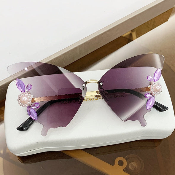 Luxury Designer Butterfly Sunglasses Vintage Shades for Women Fashion Rimless Sun Glasses Bling Diamond Eyewear