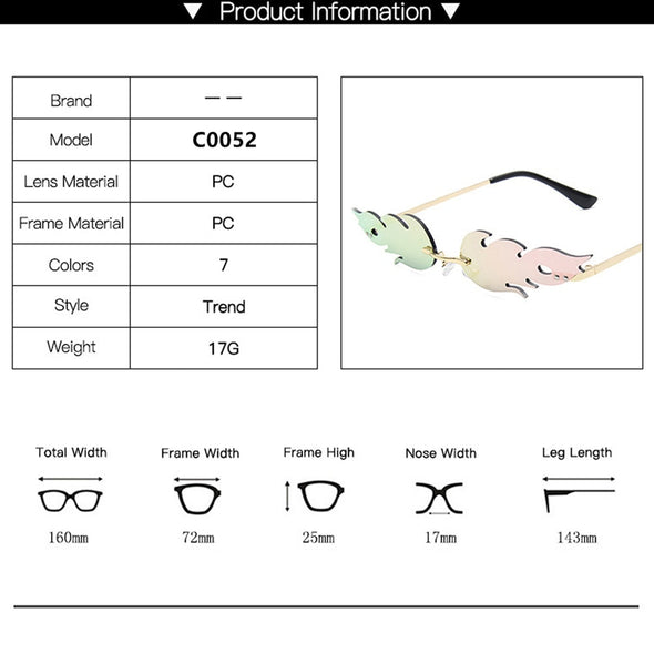 Fashion Fire Flame Sunglasses Women Rimless Wave Sun Glasses Metal Shades For Vintage Women Mirror Eyewear
