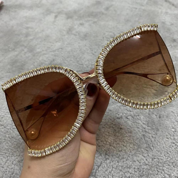 Luxury Half Frame Brand Designer Glasses Women Square Pearl Sunglasses for Female Rhinestone Oversized Eyewear Ladies