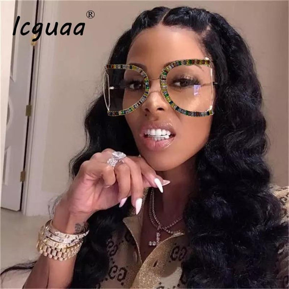 Luxury Half Frame Brand Designer Glasses Women Square Pearl Sunglasses for Female Rhinestone Oversized Eyewear Ladies