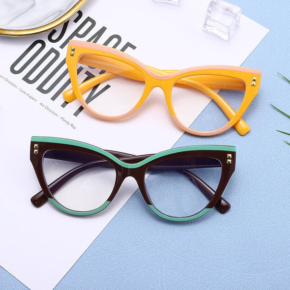 New Fashion Women Brand Designer Glasses For Ladies Retro Cat Eye Rivet Decoration Frame Clear Reading Computer Top Quality Eyeg