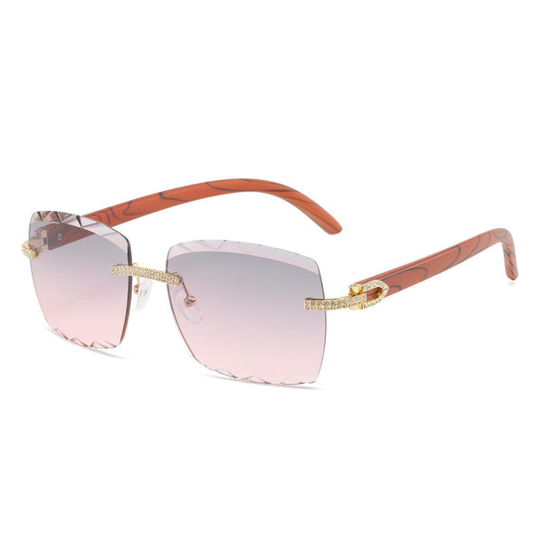 original wooden leg fashion box sunglasses personality ins with rimless cut diamond sunglasses female