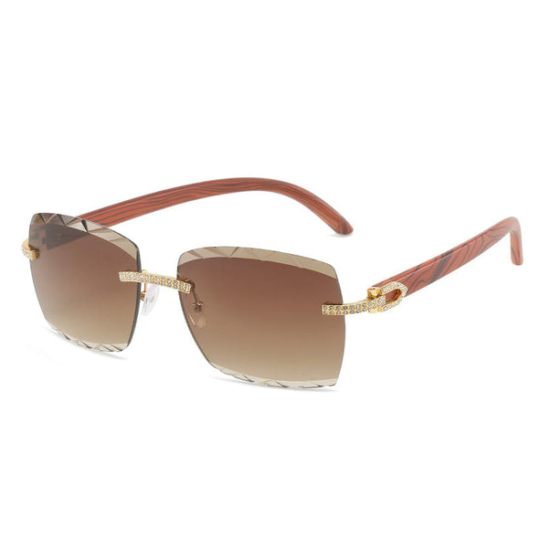 original wooden leg fashion box sunglasses personality ins with rimless cut diamond sunglasses female
