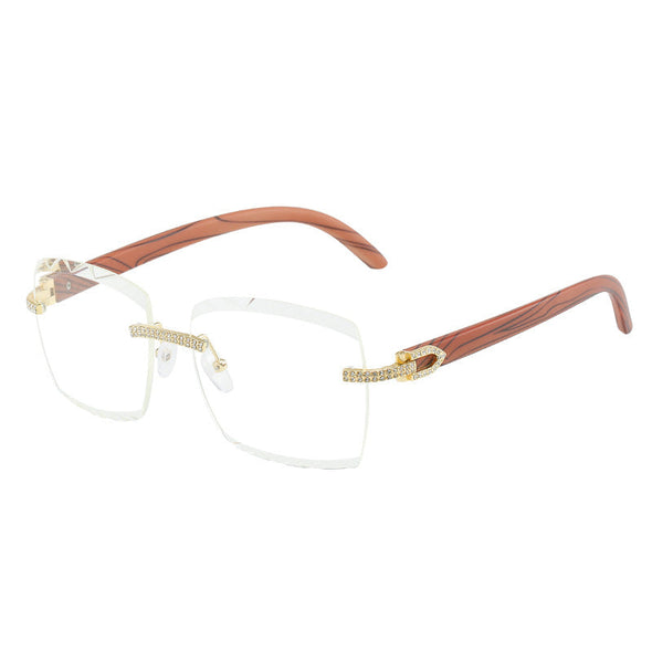 original wooden leg fashion box sunglasses personality ins with rimless cut diamond sunglasses female