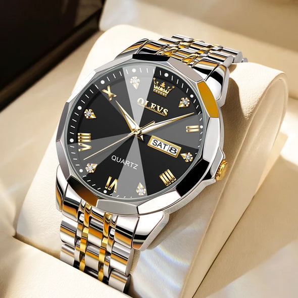JOLLYNOVA Men's Watches Rhombus Mirror Original Quartz Watch for Man Waterproof Luminous Stainless Steel Wristwatch Male Date Week