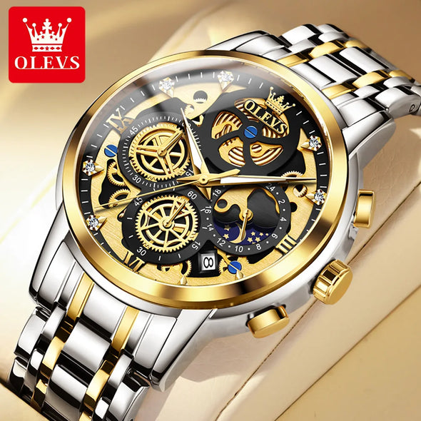 JOLLYNOVA Men's Watches Top Brand Luxury Original Waterproof Quartz Watch for Man Gold Skeleton Style 24 Hour Day Night New