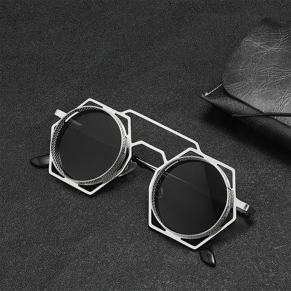 Round Steampunk Sunglasses Fashion Punk Metal Special-shaped Vintage Rap Hip-Hop Anti-UV400 Sunglasses