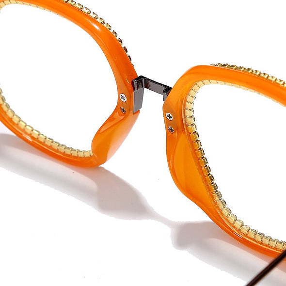 Rhinestone Glasses Fashion Transparent square Crystal metal frame Myopia  Nerd Glasses