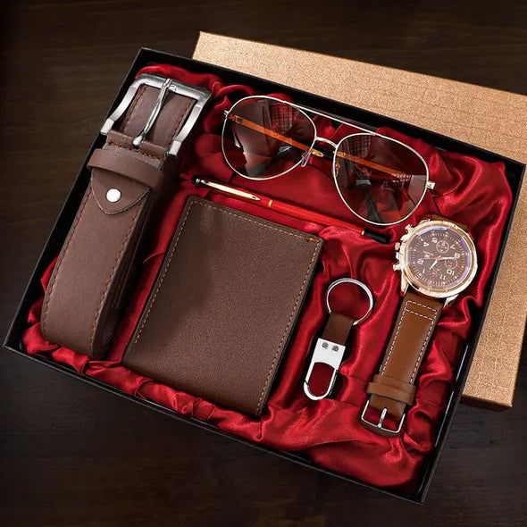 JOLLYNOVA Men Gift Watch Business Luxury Company Mens Set 6 in 1 Watch Glasses Pen Keychain Belt Purse Welcome Holiday Birthday