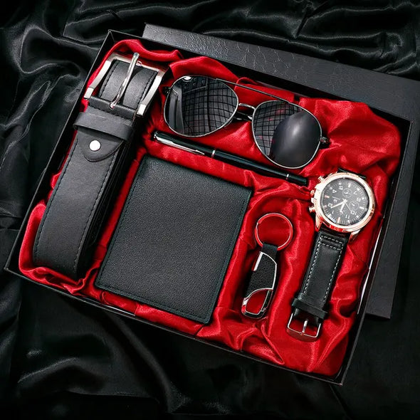 JOLLYNOVA Men Gift Watch Business Luxury Company Mens Set 6 in 1 Watch Glasses Pen Keychain Belt Purse Welcome Holiday Birthday