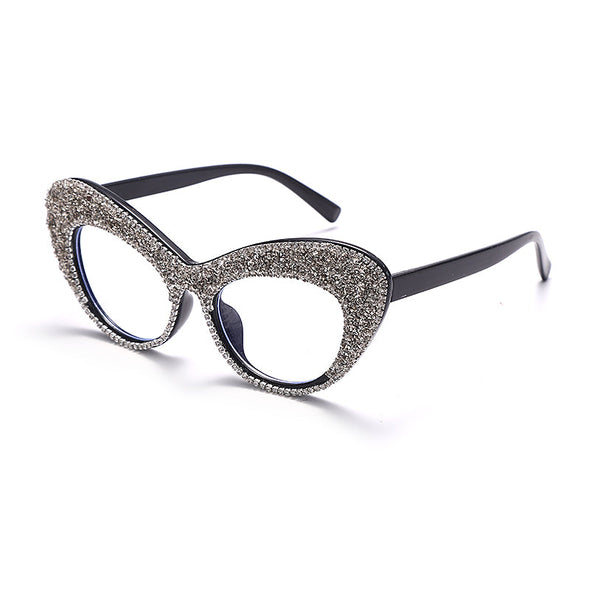 Shiny Cat Eye Anti Blue Light Glasses Rhinestone Decor Oversize Oval Clear Glasses Diamond Crystal Spectacles Optical Frame