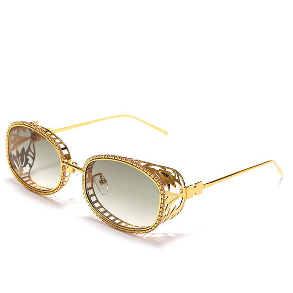 Shiny Rhinestone Sunglasses Women Luxury Diamond Oval Sun Glasses for Ladies Hollow Floral Metal Frames Eyeglasses Eyewear