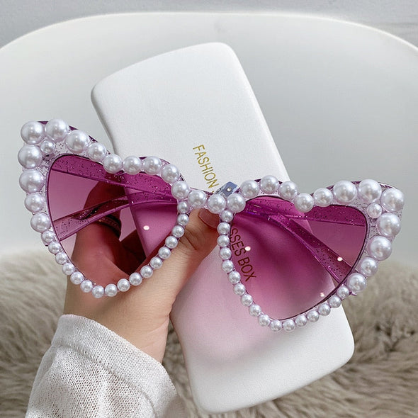 Vintage Cat Eye Love Heart Sunglasses Women Fashion Personality Sun Glasses Pearl Diamond Eyeglasses Uv400 Gafas De Sol