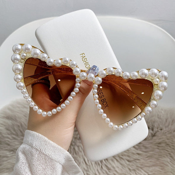 Vintage Cat Eye Love Heart Sunglasses Women Fashion Personality Sun Glasses Pearl Diamond Eyeglasses Uv400 Gafas De Sol