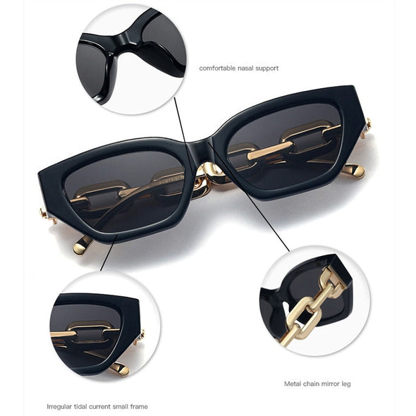 Vintage Cat Eye Sunglasses Small Metal Chain Elegant Eyeglasses Trend Fashion Black Shades