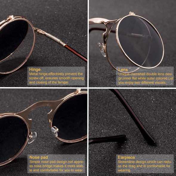 Vintage Steampunk Flip Sunglasses Retro Round Metal Sun Glasses for Men and Women Brand Design