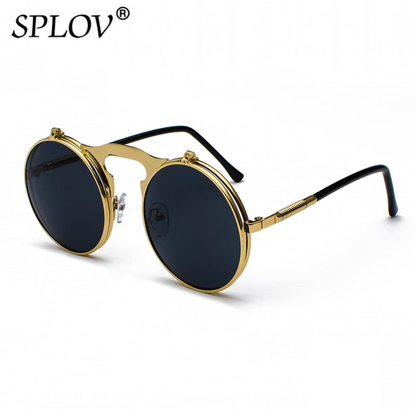 Vintage Steampunk Flip Sunglasses Retro Round Metal Sun Glasses for Men and Women Brand Design