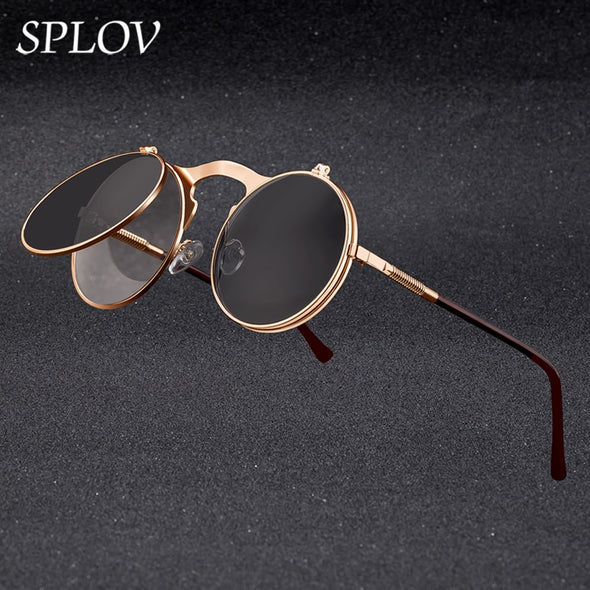 Vintage Steampunk Flip Sunglasses Retro Round Metal Sun Glasses for Men and Women Brand Design