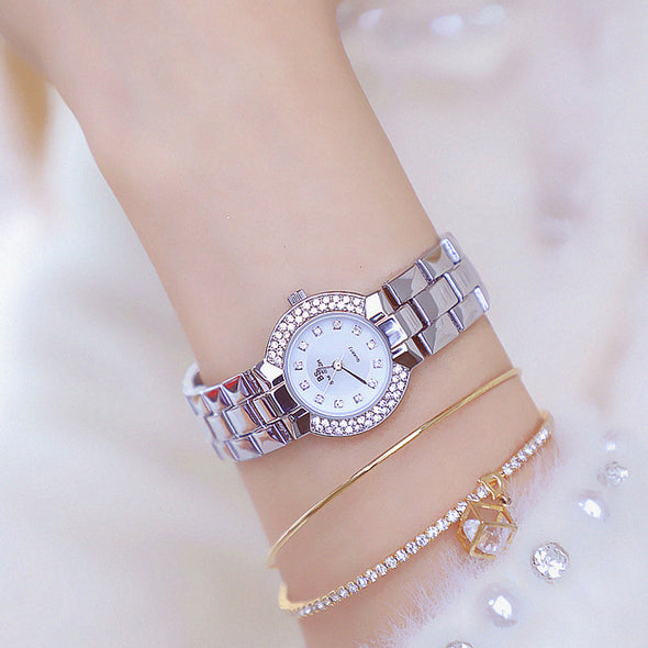 Women Luxury Brand Dress Silver Gold Quartz Watches (with a ins Bracelet as gift)