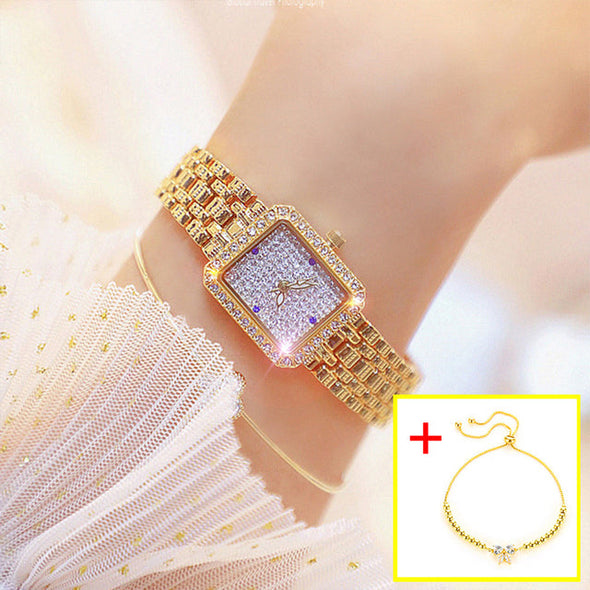 Fashion Women Small Dial Square Gold  Wristwatch (with a ins Bracelet as gift)