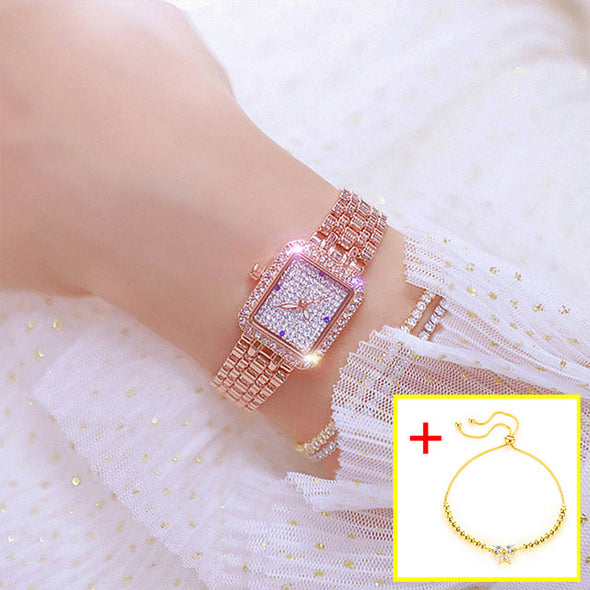 Fashion Women Small Dial Square Gold  Wristwatch (with a ins Bracelet as gift)