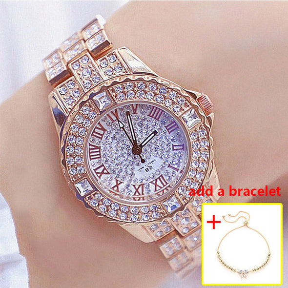 Women Diamond Gold Watch Luxury Rhinestone Bracelet Watches (with a ins Bracelet as gift)