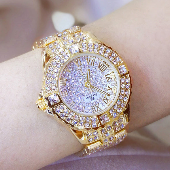 Women Diamond Gold Watch Luxury Rhinestone Bracelet Watches (with a ins Bracelet as gift)