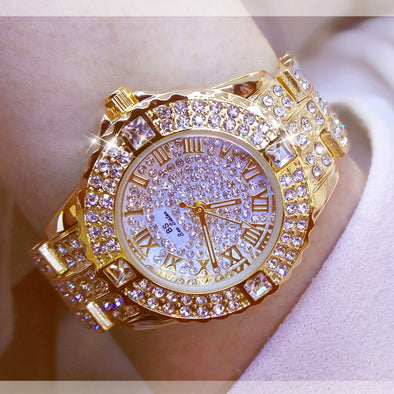 2022 Women Diamond Gold Watch Luxury Rhinestone Bracelet Watches (with a ins Bracelet as gift)