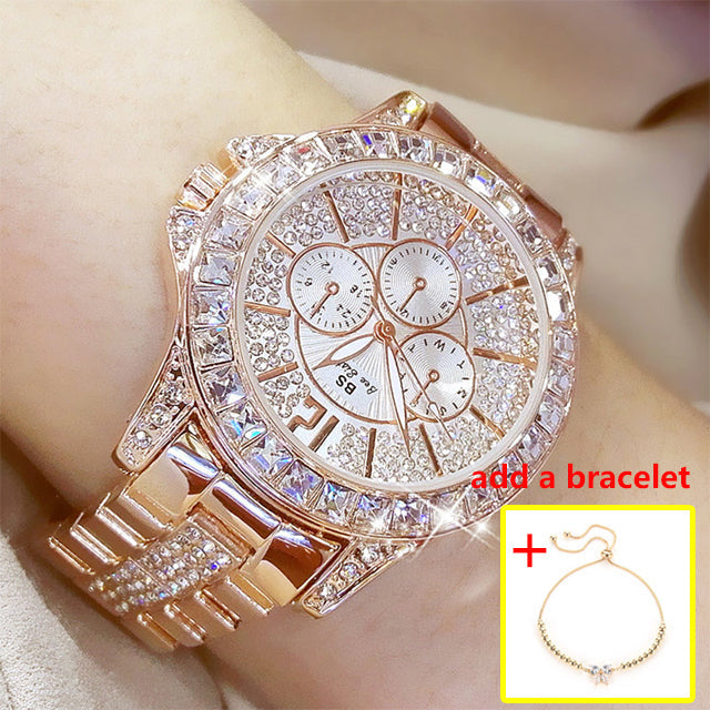 2022 Quartz Diamond Luxury Wristwatch Fashion Crystal Jewelry Rose Gold  Watch (with a ins Bracelet as gift) 