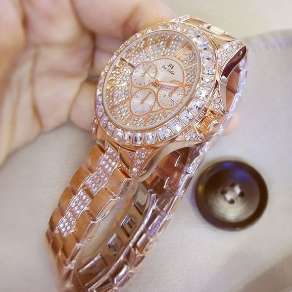 Quartz Diamond Luxury Wristwatch Fashion Crystal Jewelry Rose Gold Watch (with a ins Bracelet as gift)